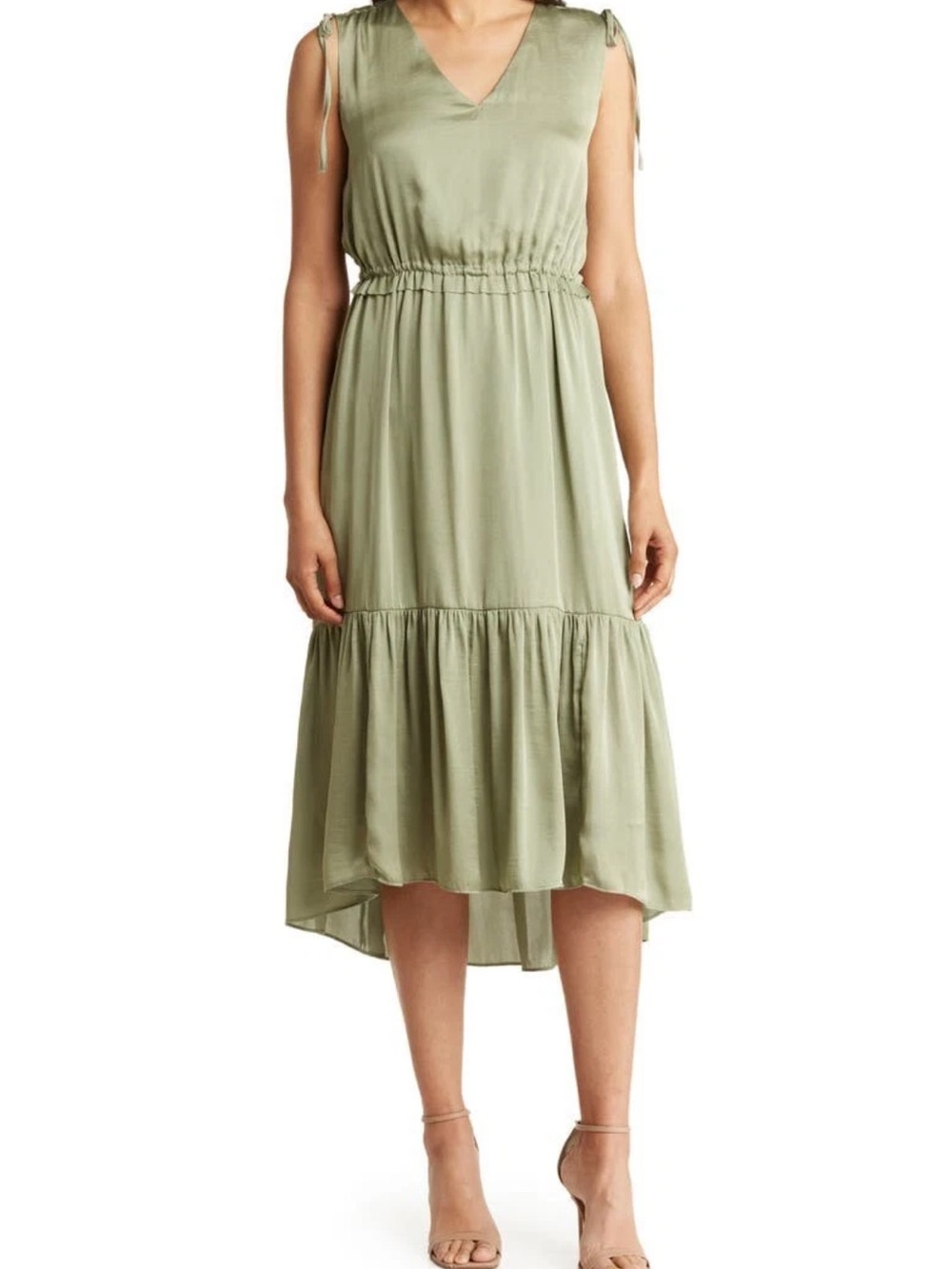 Tahari Light Sage Green High-Low V-Neck Midi Dress